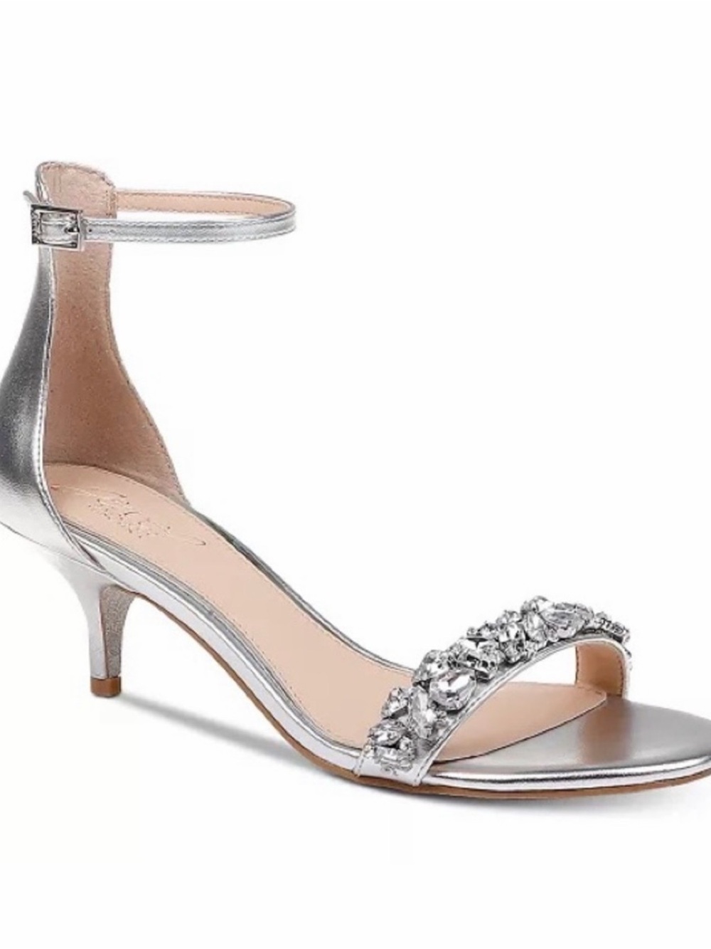 Badgley Mischka Silver Jeweled Ankle-Strap Kitten Heel Sandal